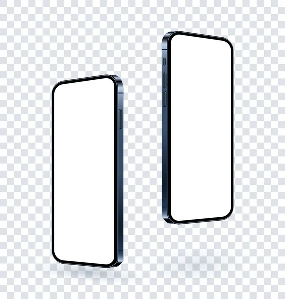 Boş ekranı döndürülmüş ve yüzen bir telefon modeli. Şeffaf arkaplanda uçuşan gerçekçi mobil mavi renk cihazı. Cam akıllı telefon şablonu, vektör 3d kalite resimleme.