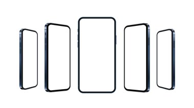 3D smartphone mockup isolated with white empty screen. Blue realistic mobile phone template, new model 12. Standing on table concept for present your web or app design, vector illustration.