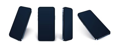Gerçekçi telefon 12, mavi cam mobil model beyaz arka planda izole edilmiş, farklı 3D akıllı telefonlar ve x- uygulaması tasarımı için boş ekran, vektör illüstrasyonu.