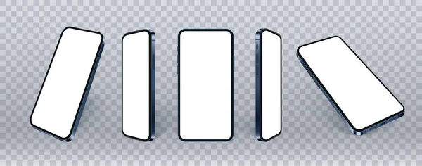 Mavi akıllı telefon gerçekçi model, farklı açılı cep telefonu seti izole edilmiş. Mevcut uygulama veya web tasarımı için boş ekranlar. Şeffaf, vektör illüstrasyonunda 3d hücresel kavram.