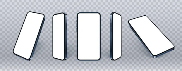 Niebieski smartfon realistyczna makieta, zestaw różnych kątów telefon komórkowy odizolowany. Puste ekrany dla obecnej aplikacji lub projektowania stron internetowych. 3d koncepcja komórkowa na przezroczystej, wektorowej ilustracji. Wektor Stockowy
