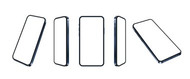 Mavi akıllı telefon gerçekçi model, farklı açılı cep telefonu seti izole edilmiş. Mevcut uygulama veya web tasarımı için boş ekranlar. Beyaz arkaplanda 3d hücresel kavram, vektör illüstrasyonu.