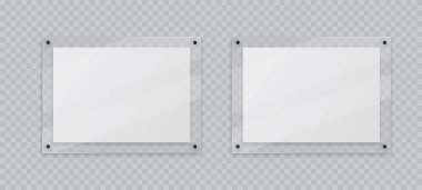 Akrilik çerçeve modeli, fotoğraf posteri için iki yatay cam plaka, şeffaf duvarda asılı gerçekçi bir model. Pleksiglas ekranında beyaz boş pankartlar, 3d vektör illüstrasyonu.