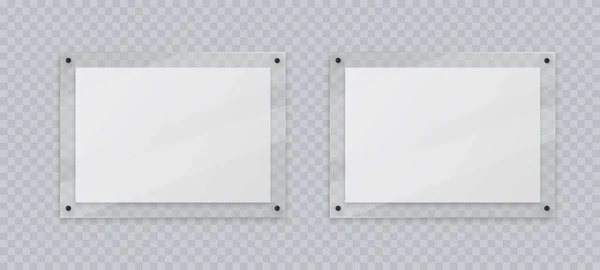 丙烯酸框架模型，两个横向玻璃板的海报照片，现实模型孤立挂在透明的墙壁上。玻璃窗显示屏上的白色空白横幅，3D矢量插图. — 图库矢量图片