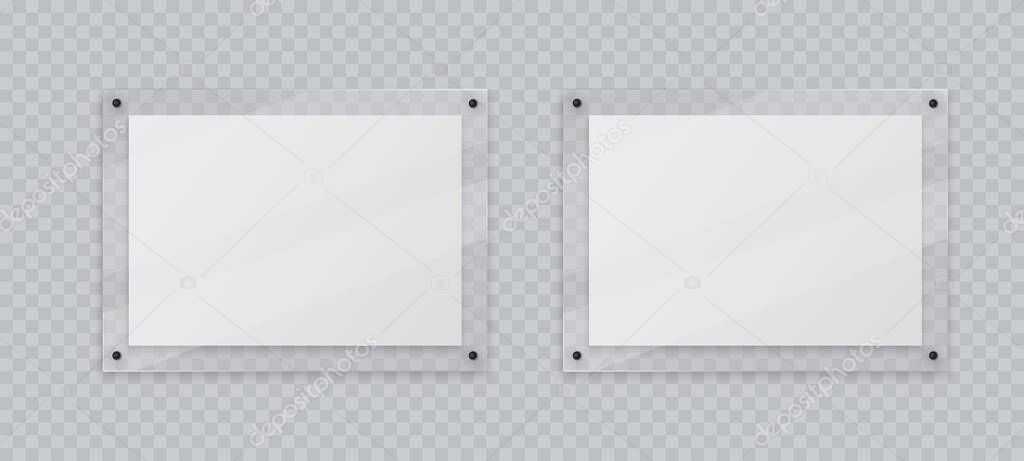 Acrylic frame mockup, two horizontal glass plate for poster of photo, realistic mockup isolated hanging on transparent wall. White blank banners on plexiglass display, 3d vector illustration.