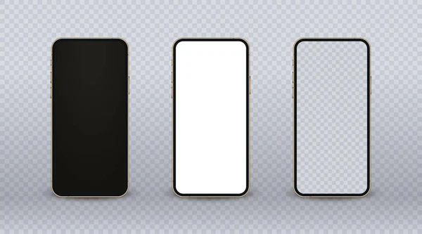 Guld smartphone mockup, realistisk mobiltelefon set med modern tunn ram och tom skärm på transparent bakgrundsljud. Framifrån av cellulära display för att visa din app design. Vektormall. — Stock vektor