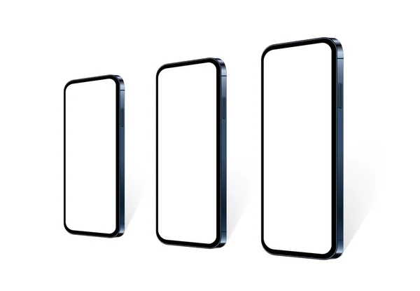 Gerçekçi akıllı telefonlar boş ekranla perspektif görünümünde. Uygulama tasarımınızı ya da web sitenizi tanıtmak için mavi cep telefonu modeli seti. İzole hücre aygıtı şablonu, vektör 3d illüstrasyon.