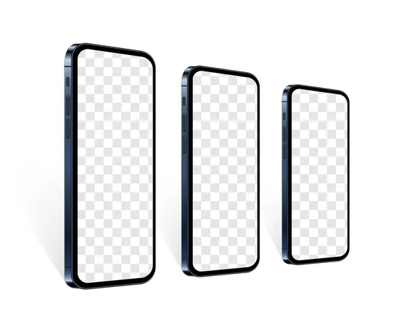 पारदर्शी स्क्रीन के साथ परिप्रेक्ष्य दृश्य में पंक्ति में वास्तविक स्मार्टफ़ोन। अपने ऐप डिज़ाइन या वेबसाइट को प्रस्तुत करने के लिए ब्लू मोबाइल फोन मॉकअप सेट। अलग सेल डिवाइस टेम्पलेट, वेक्टर 3 डी चित्र . — स्टॉक वेक्टर