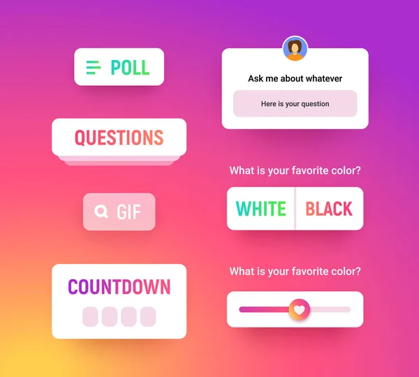 Insta story klistermärke samling, sociala medier etiketter mall för ditt inlägg och berättelser design på lutning bakgrund. Undersökning, frågesport, nedräkning ikonen mockup, ui form och alternativ, vektor illustration — Stock vektor