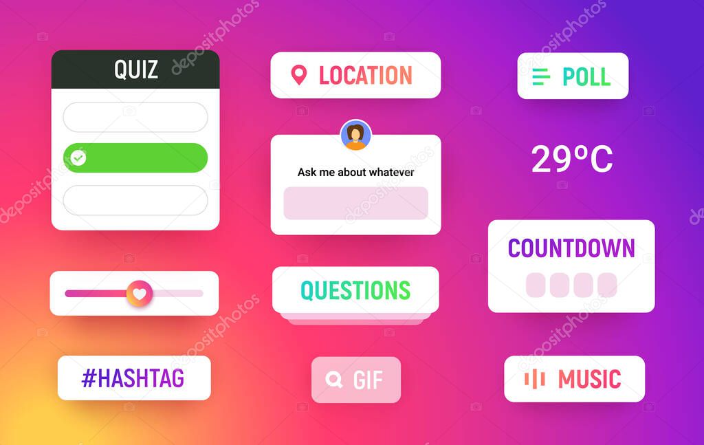 Story stickers with poll, hashtag, quiz, location, slider bar, countdown on white boards with shadow. Social media icons on modern gradient background, ask mockup banner, vector illustration.