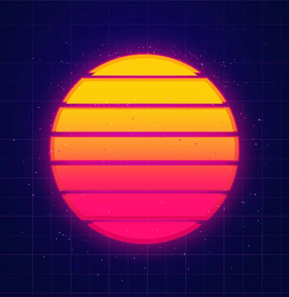 Retro zon gloeiend op ster hemel vaporwave en muziek achtergrond futuristische zonsondergang in jaren 80 stijl. Retrowave, synthwave futuristische achtergrond. — Stockvector