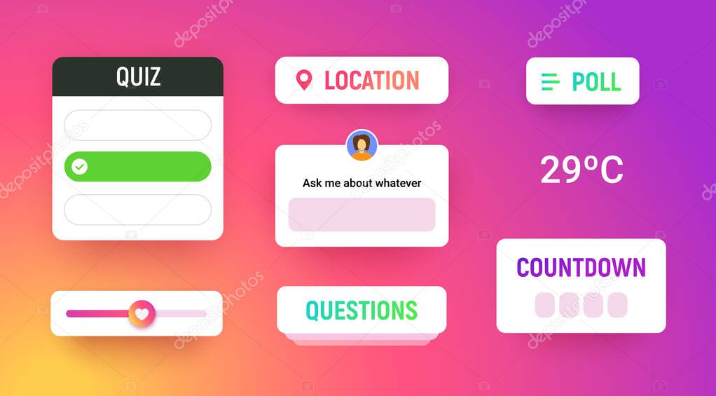 Story stickers with poll, hashtag, quiz, location, slider bar, countdown on white boards with shadow. Social media icons on modern gradient background, ask banner, vector illustration.