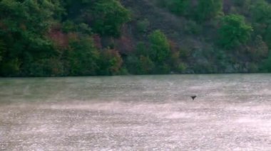 Sabahın erken saatlerinde gölde sis. Sonbahar soğuk günü. Dağın eteklerinde. Gün doğumu