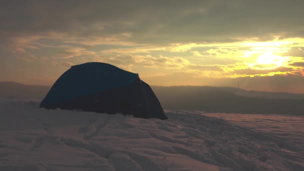 Wędrowiec Szortach Wychodzący Namiotu Cieszący Się Zimną Pogodą Zachodzie Słońca — Wideo stockowe