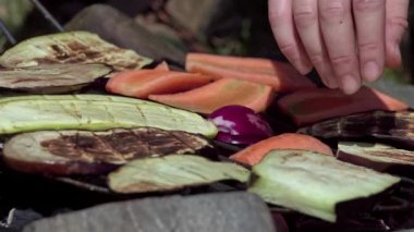 Izgara sebze. Yürüyüşte vejetaryen yemeği.