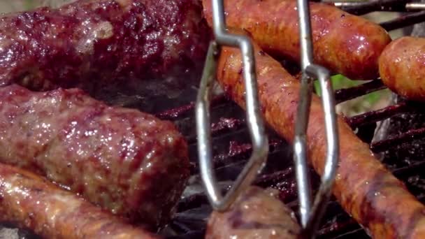 Wurst Und Rumänisches Traditionelles Essen Fleischbällchen Mici Auf Dem Grill — Stockvideo