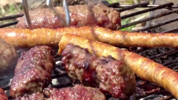 Wurst Und Rumänisches Traditionelles Essen Fleischbällchen Mici Auf Dem Grill — Stockvideo