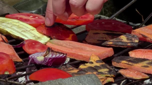 Verduras Parrilla Comida Vegetariana Caminata — Vídeos de Stock