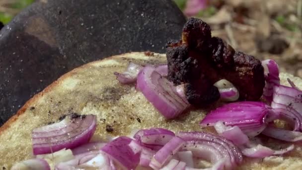 Makanan Pejalan Kaki Roti Panggang Dan Sosis Atas Api Alami — Stok Video