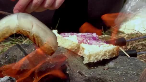 Pasti Escursionisti Tostatura Pancetta Salsiccia Fuoco Naturale Poi Gocciolando Grasso — Video Stock