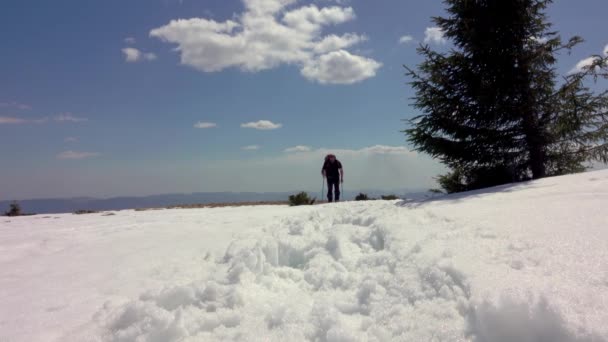 登山者 雪鞋在山岭 覆盖深雪 冬日阳光明媚 云彩飘扬 — 图库视频影像