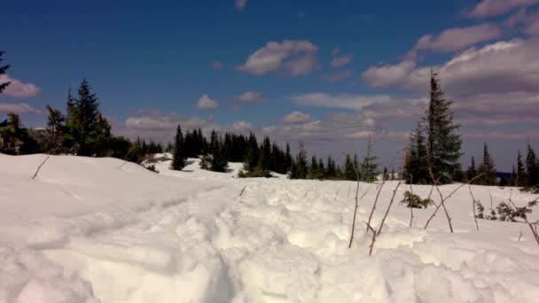 登山者 雪鞋在山岭 覆盖深雪 冬日阳光明媚 云彩飘扬 — 图库视频影像