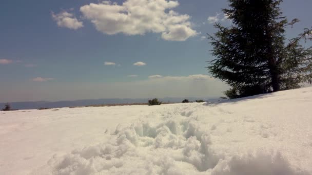 登山者 雪鞋在山岭 覆盖深雪 冬日阳光明媚 云彩飘扬 — 图库视频影像