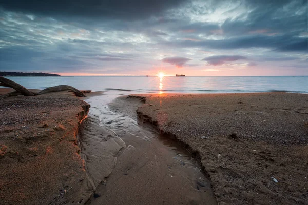 Amazing Sunrise View Colorful Sky Sandy Sea Coast — Stock Photo, Image