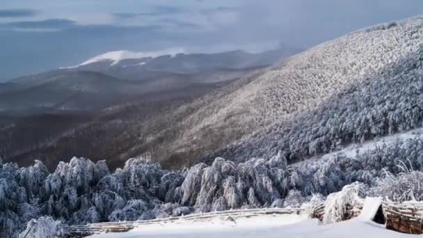 寒い冬の朝にバルカン山脈の雪に覆われた山の斜面に美しい高速移動霧と時間経過ビデオ — ストック動画