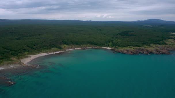 Lot Dronem Nad Malowniczym Skalistym Wybrzeżem Małymi Dzikimi Plażami Zielonymi — Wideo stockowe