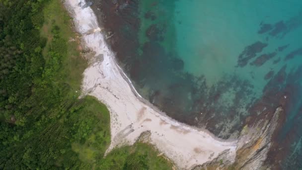 在保加利亚的黑海南部海岸 无人机在一个风景如画的岩石海岸上空飞行 海岸上有小的野生沙滩 顶部视图 — 图库视频影像