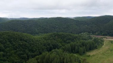 İHA uçuşu yeşil dağ yamaçlarında üzerlerinde sürünen bahar sisleri, Strandzha Dağı, Bulgaristan