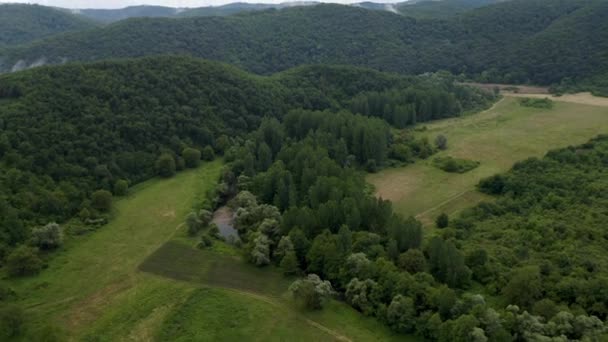 Lot Dronem Nad Zielonymi Zboczami Gór Pełzającymi Wiosennymi Mgłami Nad — Wideo stockowe