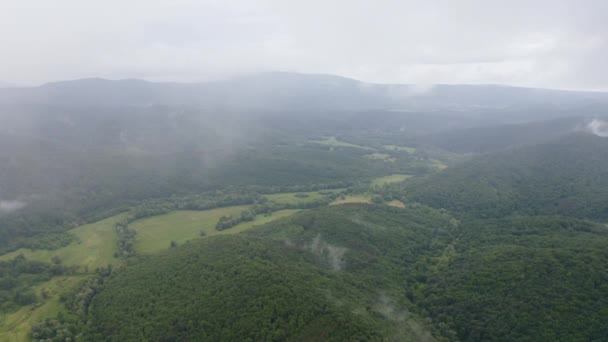 Drone Flygning Över Gröna Bergssluttningar Med Krypande Våren Dimmor Ovanför — Stockvideo