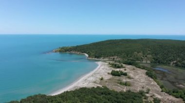 Yoğun yeşil bir ormanın yanından geçen bir nehrin üzerinden insansız hava aracı uçuşu, kumlu bir kumsal ve denize dökülüyor. Bulgaristan 'ın Ropotamo Doğal Rezervi' ndeki Ropotamo Nehri 'nin ağzının havadan görünüşü.