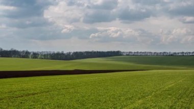 Yeşil bir yay tarlasında hızlı hareket eden bulutlarla zaman atlaması