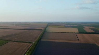 Yaz tarlaları boyunca rüzgar türbinlerinin üzerinde uçan hava. Temiz ve yenilenebilir rüzgar enerjisi çiftliği hareket halinde. Yeşil enerji, sürdürülebilir alternatif elektrik, kirlilik ortamı yok.