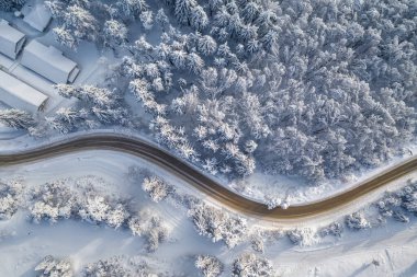 Karla kaplı ormandaki kıvrımlı dağ yolu manzaralı..
