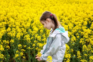 Yakından kolza tohumu tarlasında güzel bir kız görünüyor. Çiçek açan bir tarlada sarı çiçekli bir çocuk. 