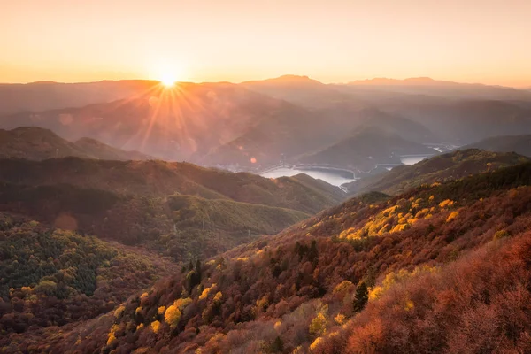 Панорамный Осенний Вид Неба Цветным Восходом Солнца Над Осенним Лесом — стоковое фото
