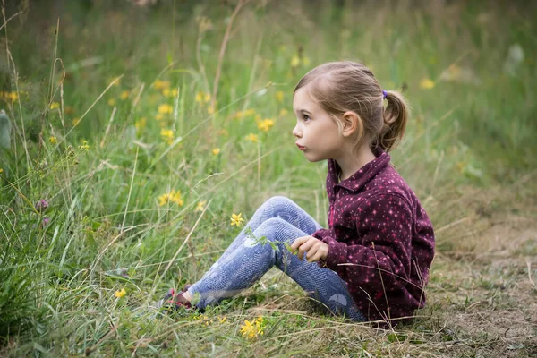 Güzel Küçük Kız Yaz Tarlasında Oynuyor — Stok fotoğraf