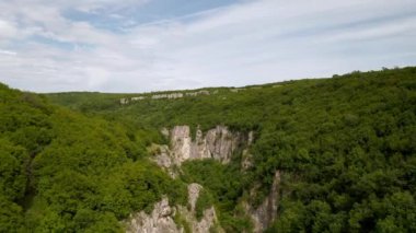 Resimli bir nehir kanyonu üzerinde insansız hava aracı uçuşu. Yüksek sarp kayalıklar yeşilliklerle kaplanmış.