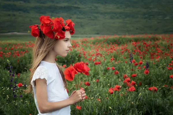 Entre Campo Primavera Retrato Uma Menina Bonita Fundo Campo Papoula — Fotografia de Stock