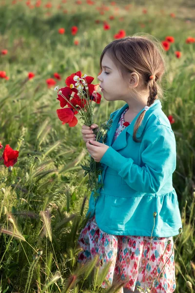 Spring Field Portrait Beautiful Little Girl Background Blossomed Poppy Field — 图库照片