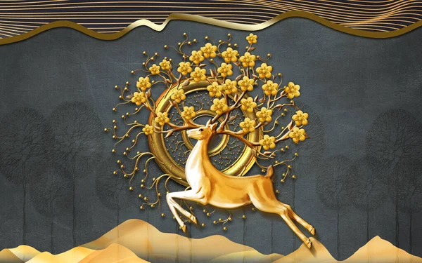 Braune Wandtapete Goldener Kreis Mit Hirschkopf Und Zweigen Von Blumen — Stockfoto
