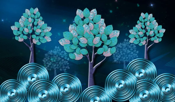 3d mural wallpaper .circles and trees with dark blue background .turquoise elements .