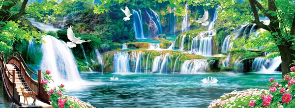 3d mural colorful landscape .flowers branches multi colors with trees and water . Waterfall and flying birds .suitable for print on canvas