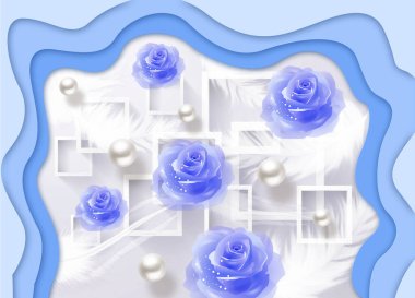 3d wallpaper .mural for wall rose flowers ,Square, circles and feathers and pearl . clipart