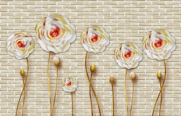 3d classic mural wallpaper .wall Beige bricks with flowers .suitable for print in canvas