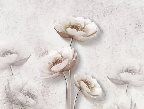 Muurbehang Met Eenvoudige Bloemen Witte Achtergrond Moderne Bloemen Eenvoudige Muur — Stockfoto